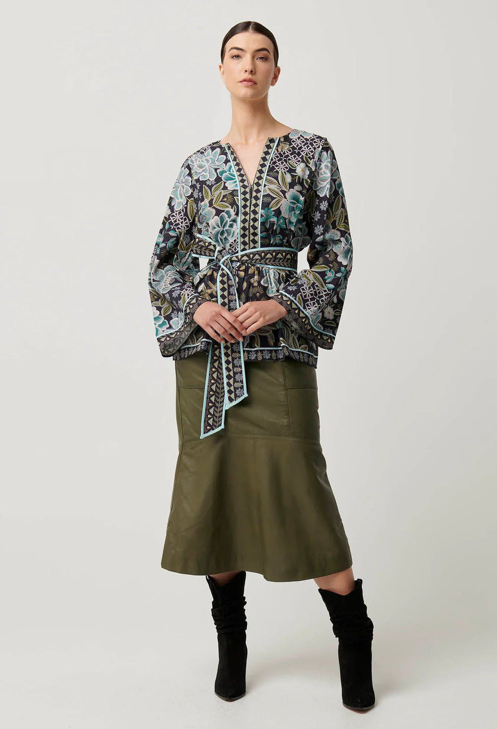 ONCE WAS Emery Viscose Dobby Placement Tie Top - Dahlia Fields Blouse Once Was