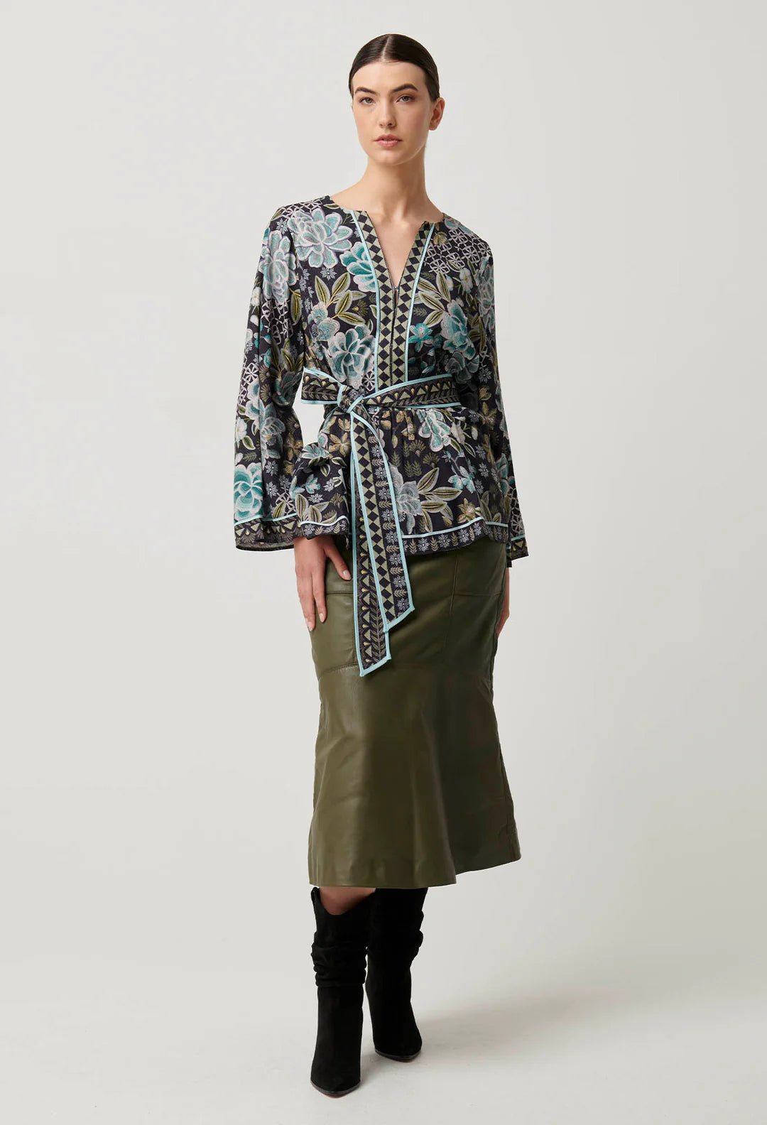 ONCE WAS Emery Viscose Dobby Placement Tie Top - Dahlia Fields Blouse Once Was