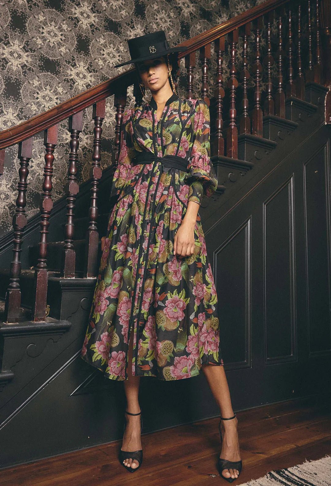 ONCE WAS Esmeralda Viscose Dobby Lace trim Midi Dress - Mariposa Zafiro - Stanleyandstone