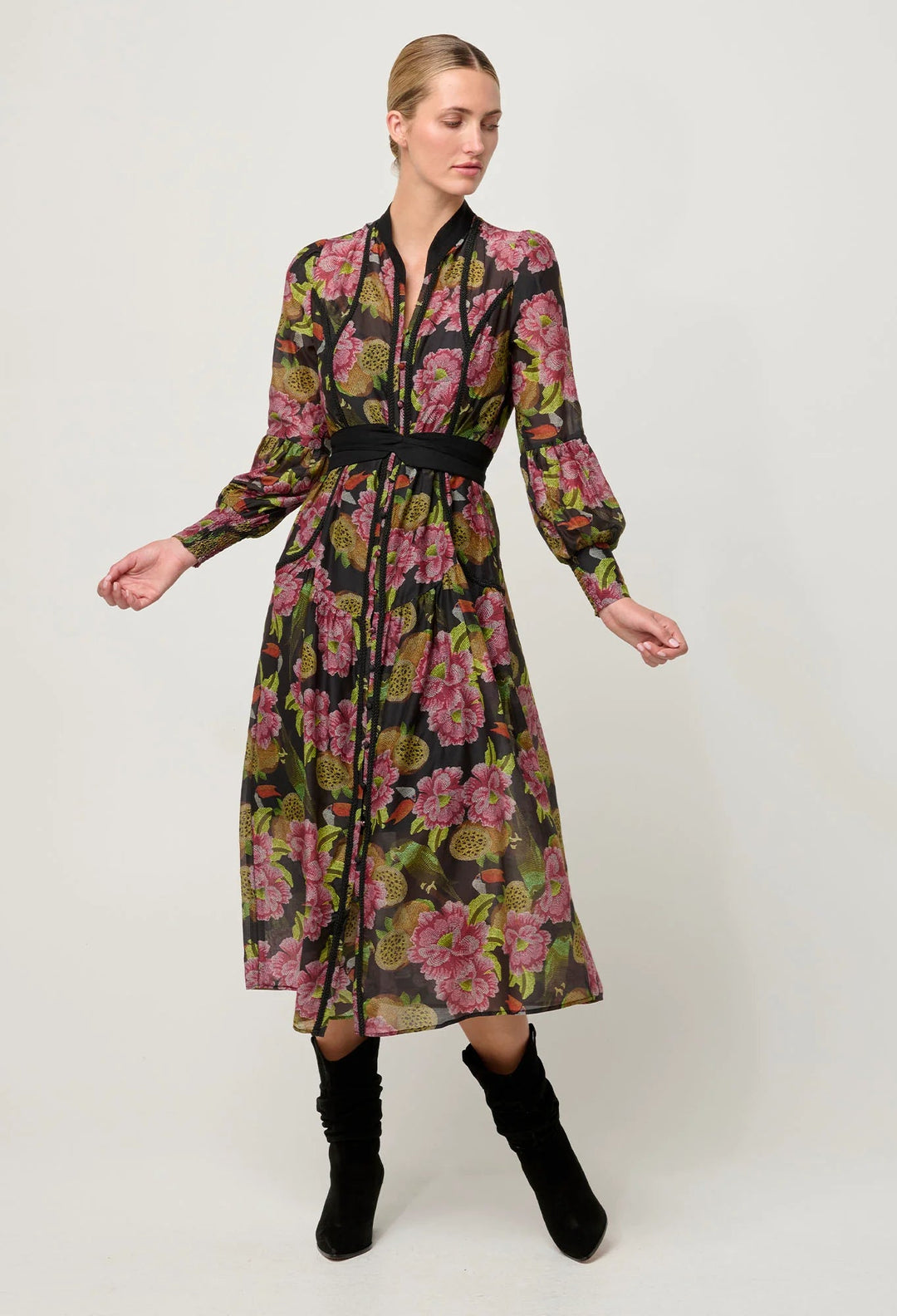 ONCE WAS Esmeralda Viscose Dobby Lace trim Midi Dress - Winter Granadilla Dress Once Was