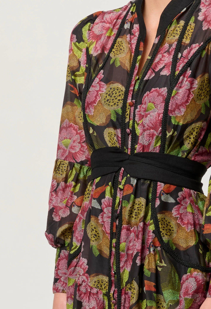 ONCE WAS Esmeralda Viscose Dobby Lace trim Midi Dress - Winter Granadilla Dress Once Was