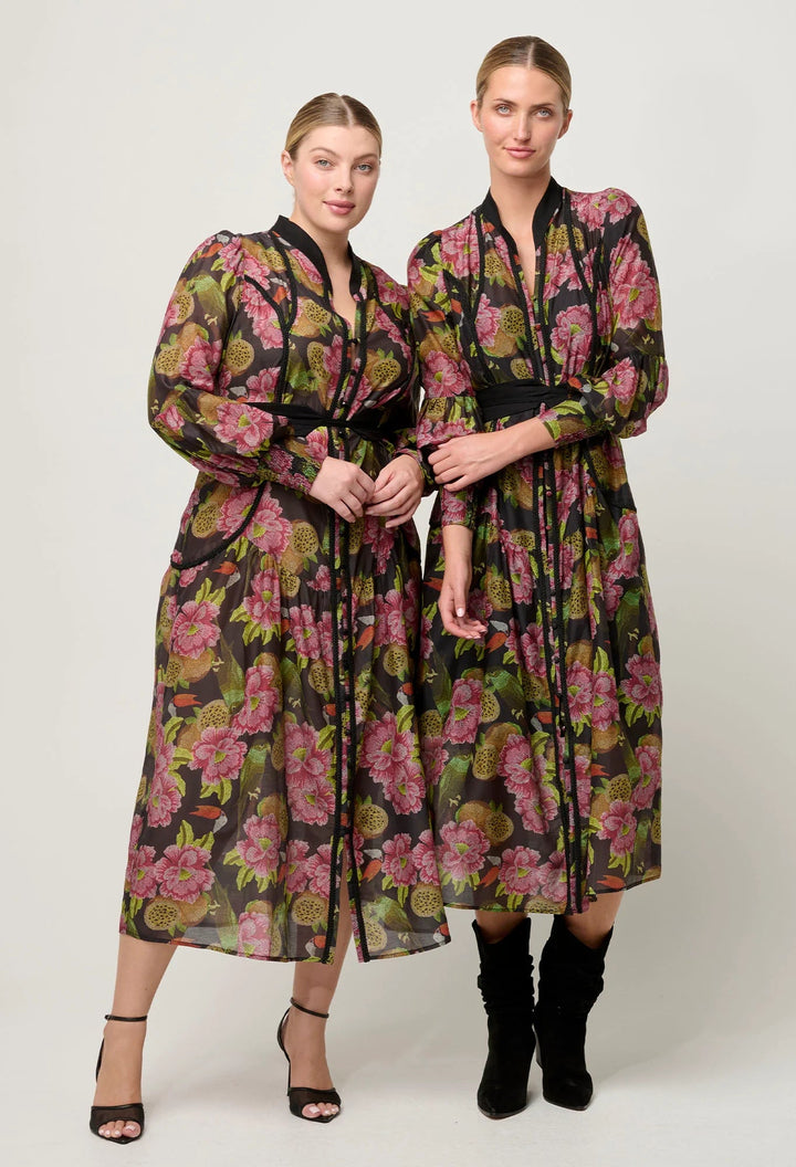 ONCE WAS Esmeralda Viscose Dobby Lace trim Midi Dress - Winter Granadilla Dress Once Was