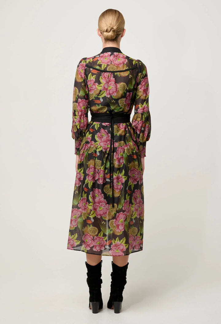ONCE WAS Esmeralda Viscose Dobby Lace trim Midi Dress - Winter Granadilla Dress Once Was