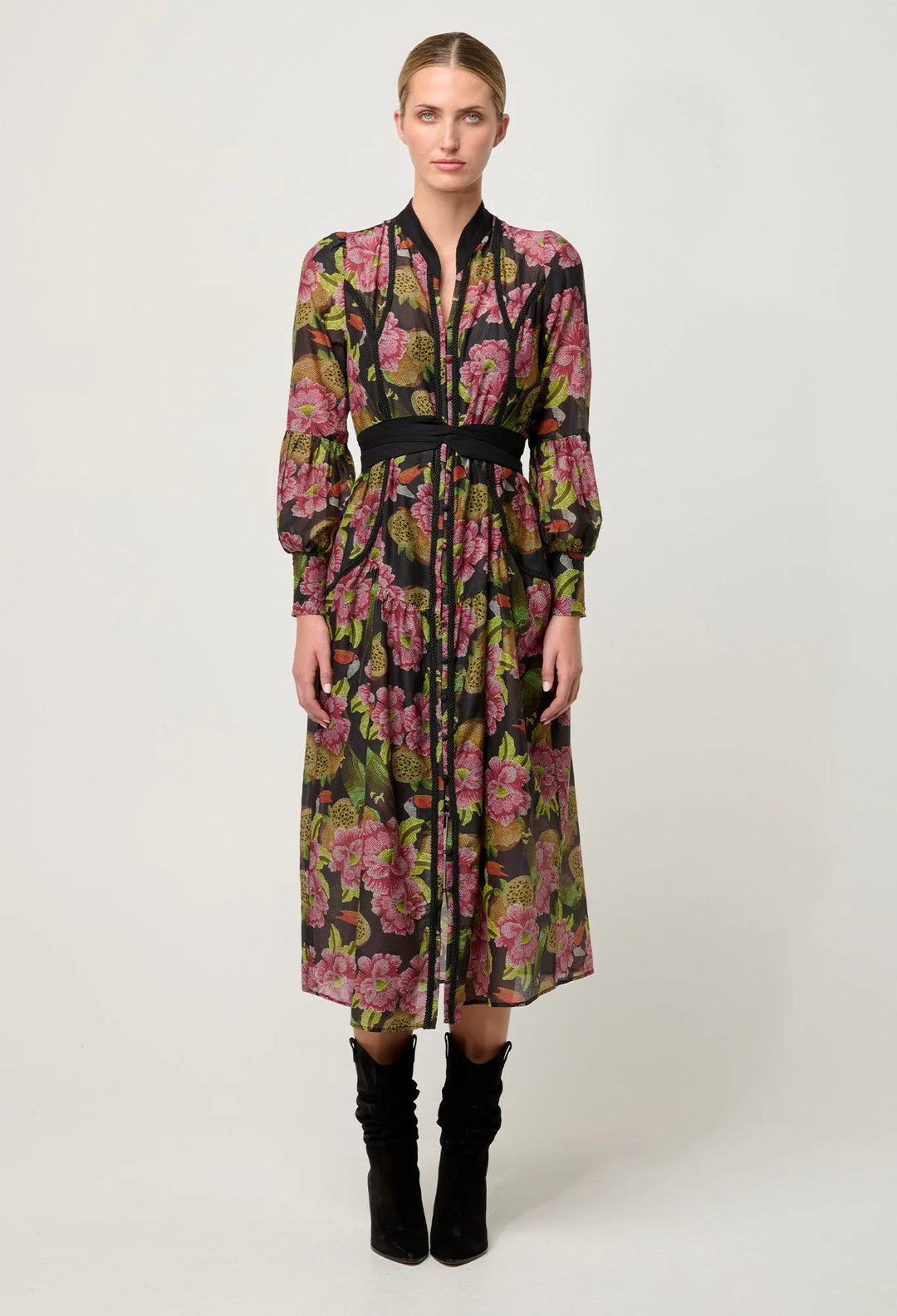 ONCE WAS Esmeralda Viscose Dobby Lace trim Midi Dress - Winter Granadilla Dress Once Was