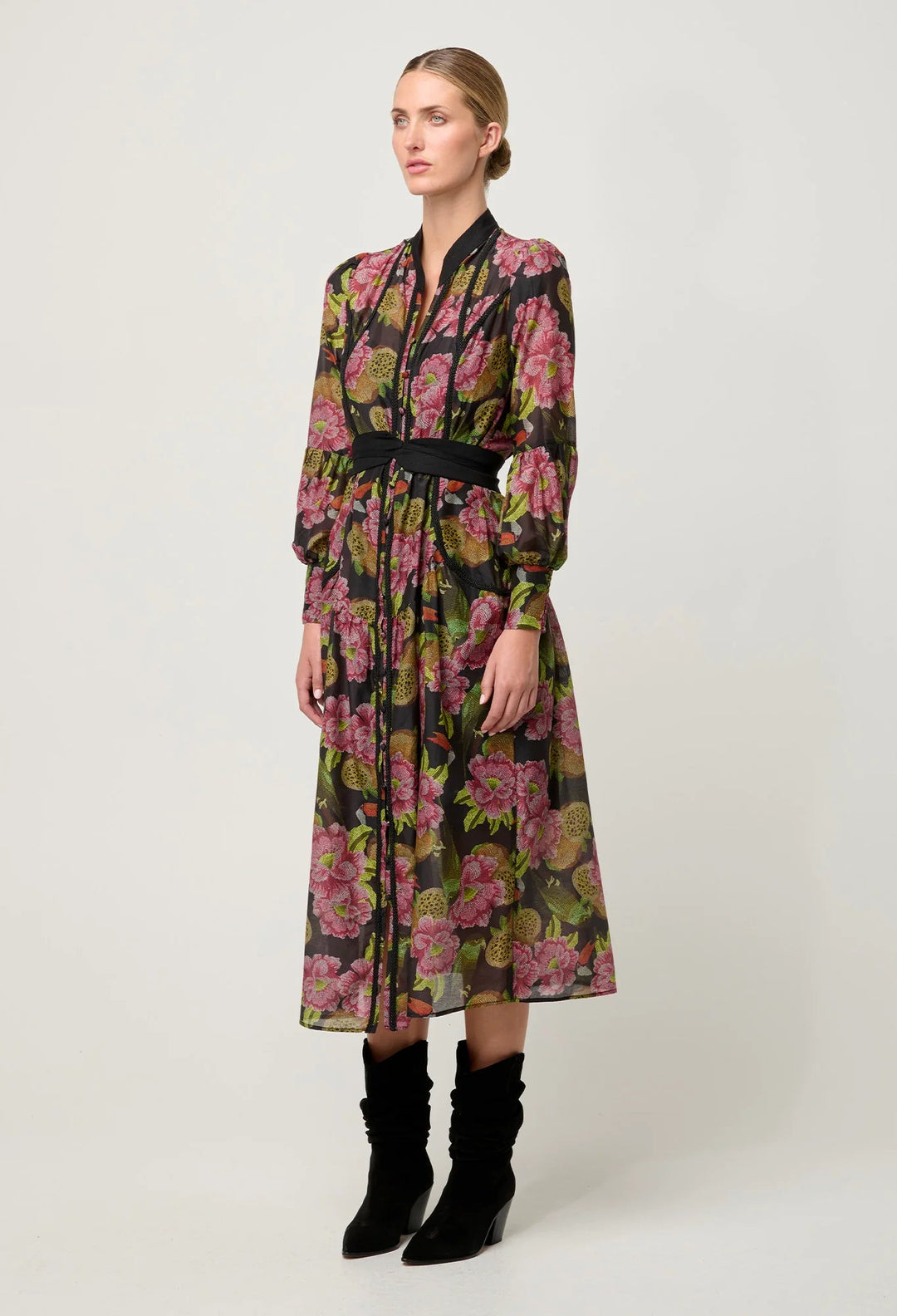 ONCE WAS Esmeralda Viscose Dobby Lace trim Midi Dress - Winter Granadilla Dress Once Was