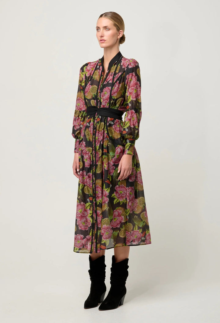ONCE WAS Esmeralda Viscose Dobby Lace trim Midi Dress - Winter Granadilla Dress Once Was