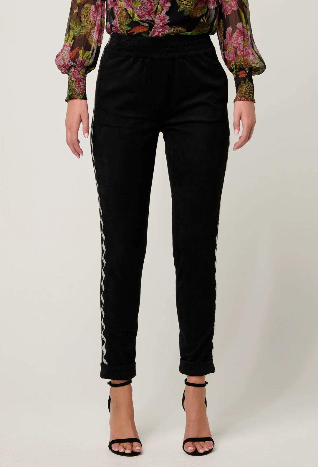ONCE WAS Everley Faux Suede Embroidered Jogger in Onyx Pant Once Was