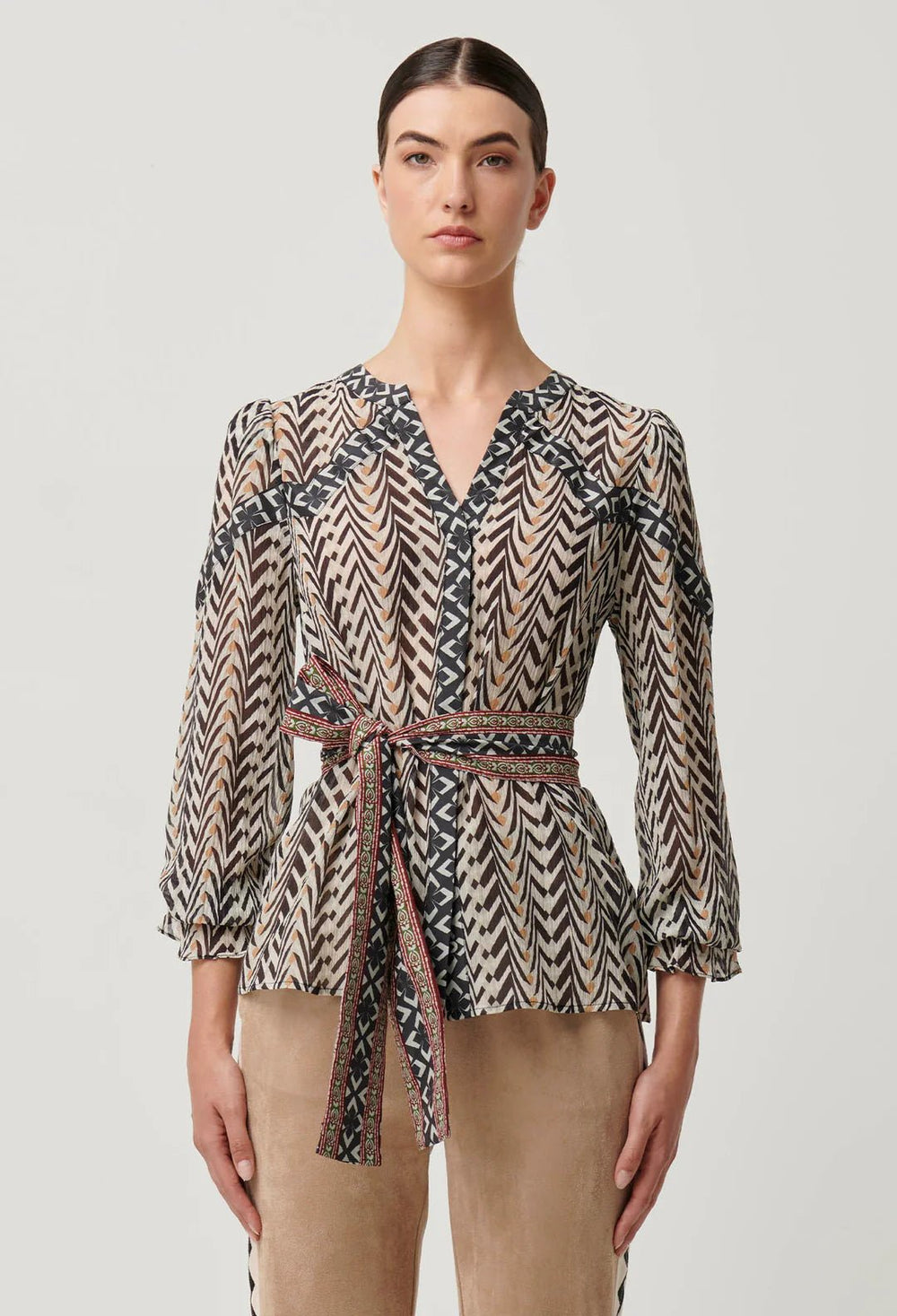 ONCE WAS Fallon Crinkle Cotton Silk Blouse in Bromegrass Blouse Once Was