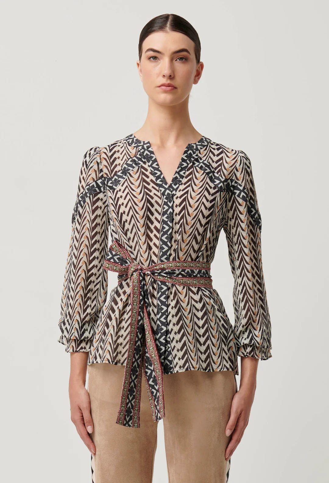 ONCE WAS Fallon Crinkle Cotton Silk Blouse in Bromegrass Blouse Once Was