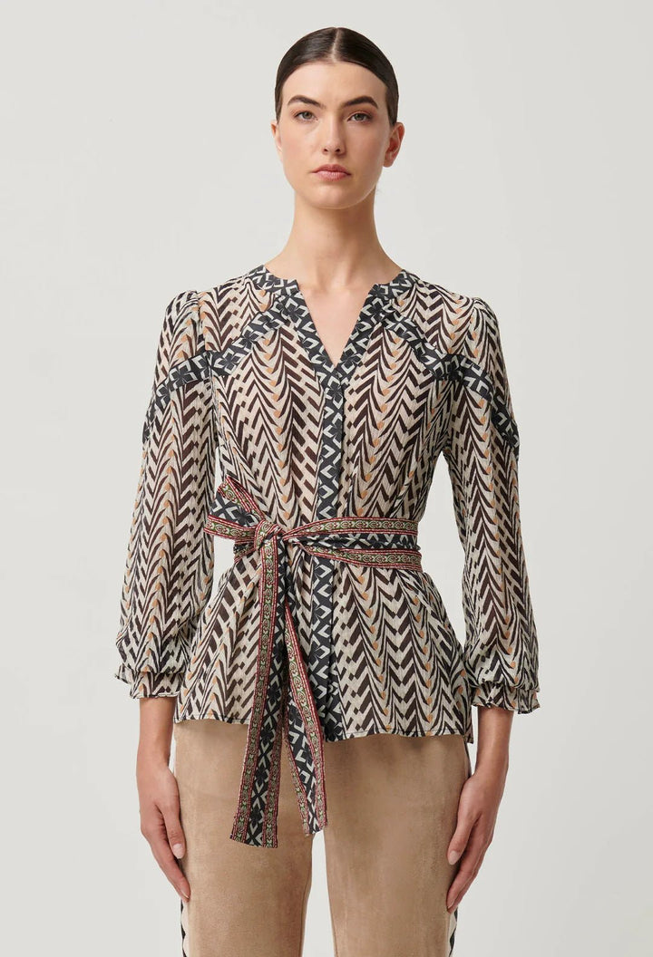 ONCE WAS Fallon Crinkle Cotton Silk Blouse in Bromegrass Blouse Once Was