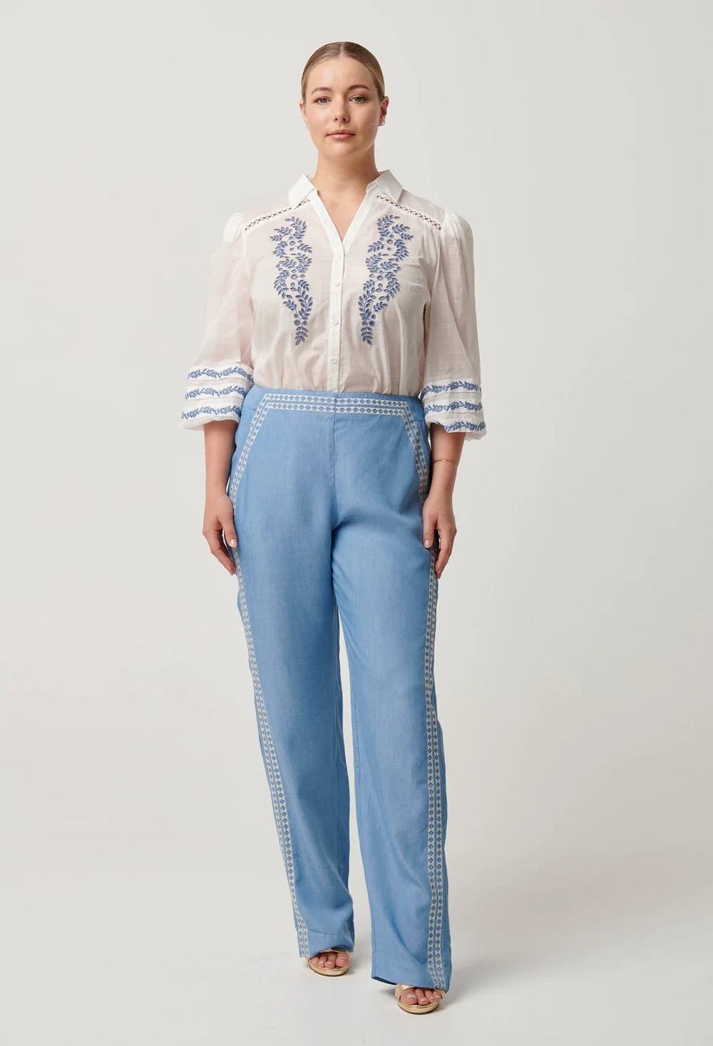 ONCE WAS Fleurine Placement Embroidered Cotton Slub Shirt Blouse Once Was