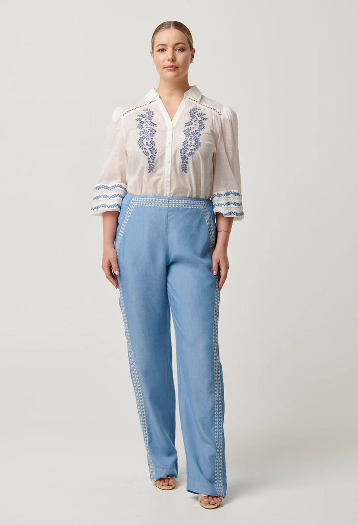 ONCE WAS Fleurine Placement Embroidered Cotton Slub Shirt Blouse Once Was