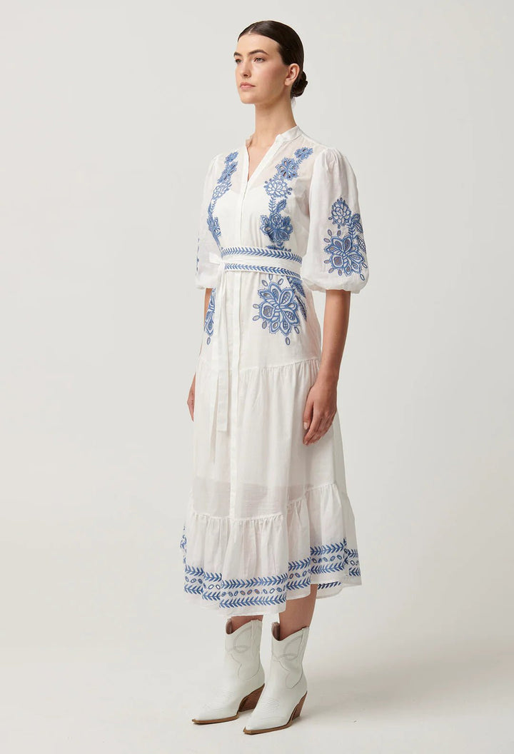 ONCE WAS Gabriette Placement Embroidered Cotton Slub Dress Dress Once Was