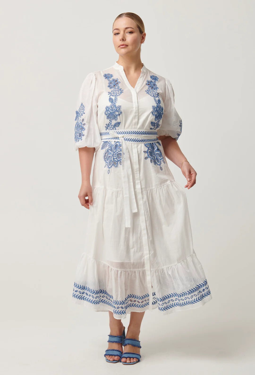 ONCE WAS Gabriette Placement Embroidered Cotton Slub Dress Dress Once Was