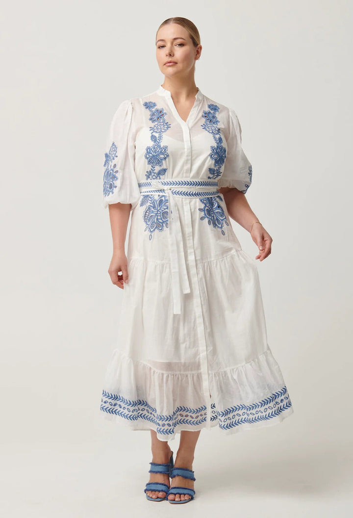 ONCE WAS Gabriette Placement Embroidered Cotton Slub Dress Dress Once Was