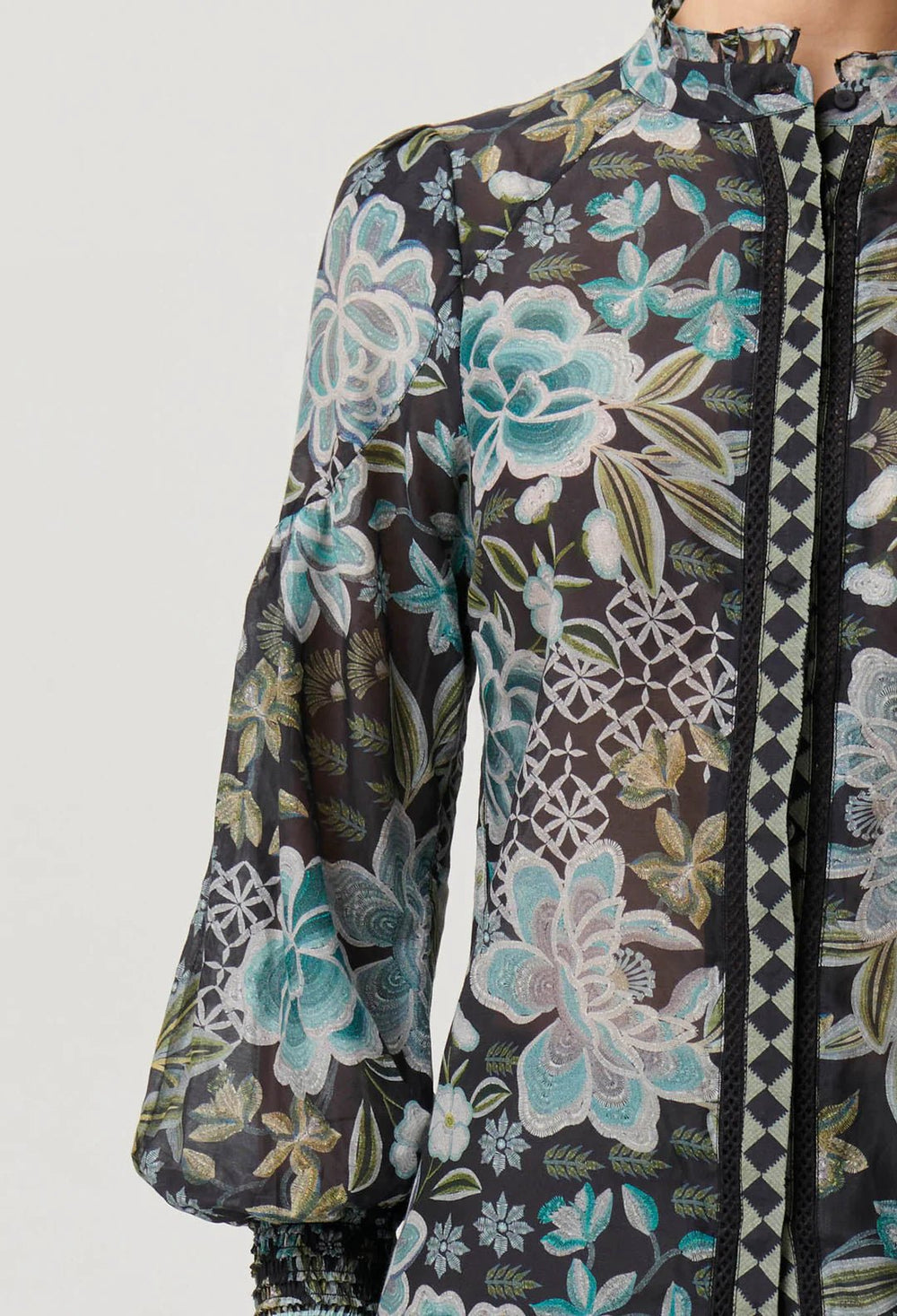 ONCE WAS Knox Cotton Silk Shirred Ruffle shirt - Dahlia Fields Blouse Once Was