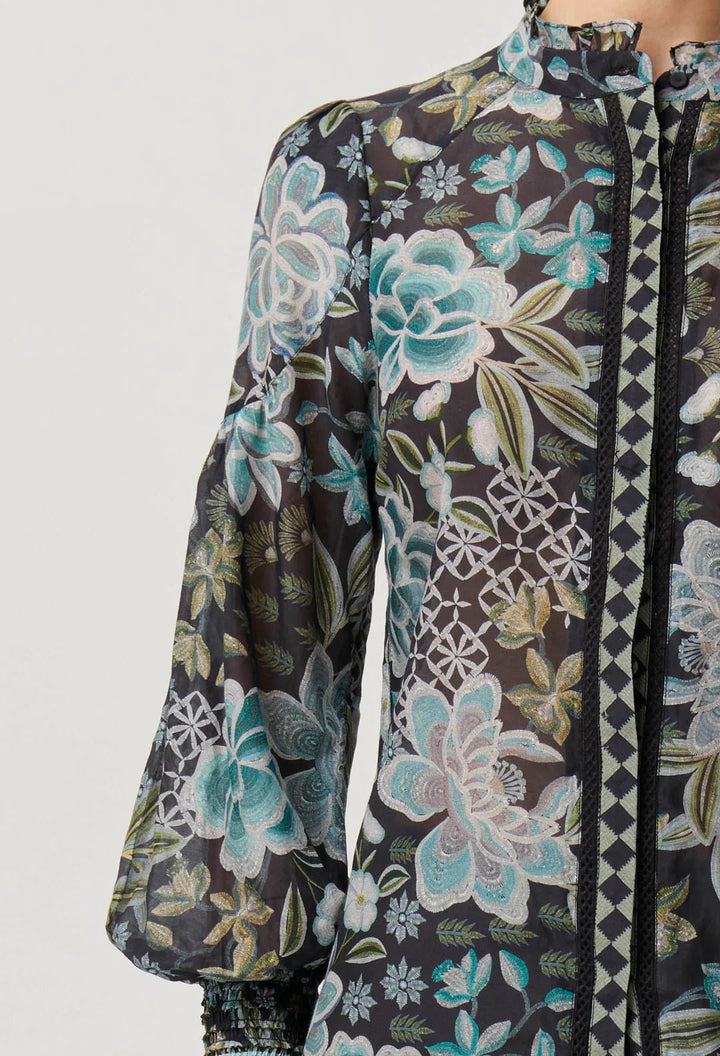 ONCE WAS Knox Cotton Silk Shirred Ruffle shirt - Dahlia Fields Blouse Once Was
