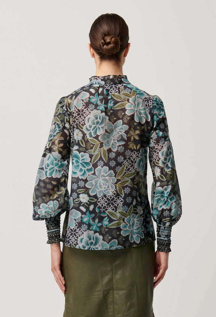 ONCE WAS Knox Cotton Silk Shirred Ruffle shirt - Dahlia Fields Blouse Once Was