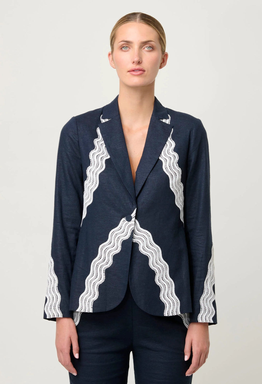 Leandro Contrast Lace Trim Lines Stretch Blazer - Night sky Coats & Jackets Once Was