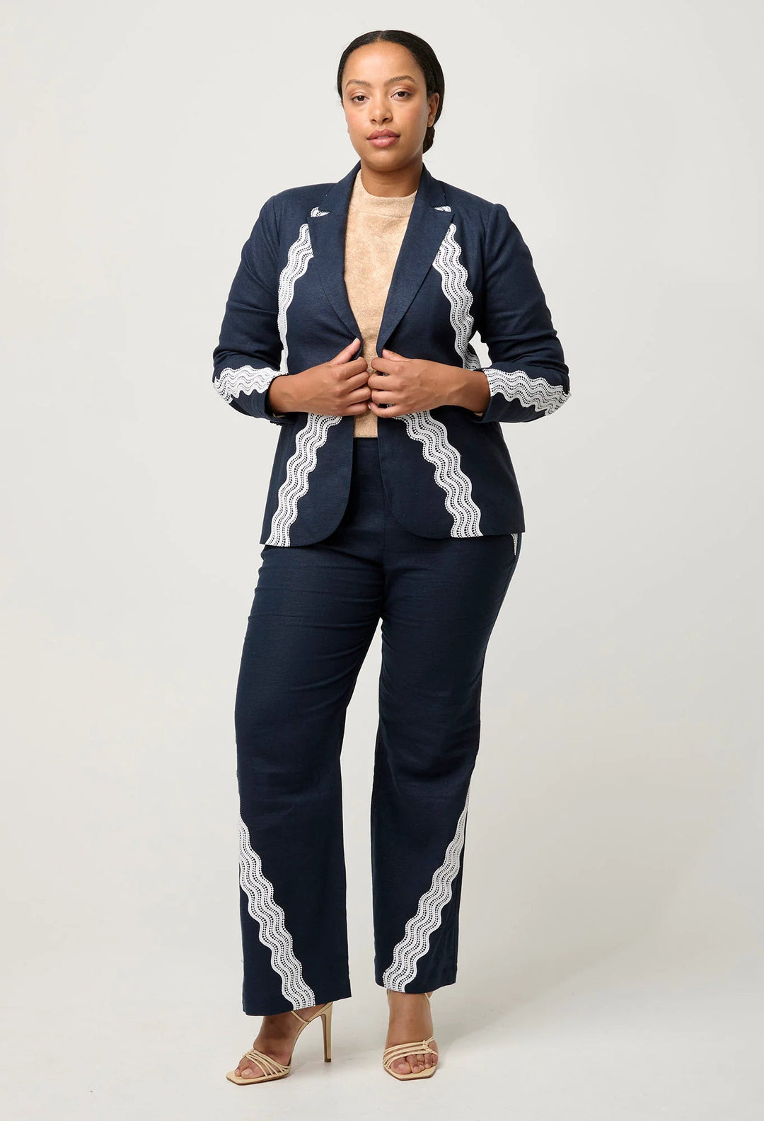 Leandro Contrast Lace Trim Lines Stretch Blazer - Night sky Coats & Jackets Once Was
