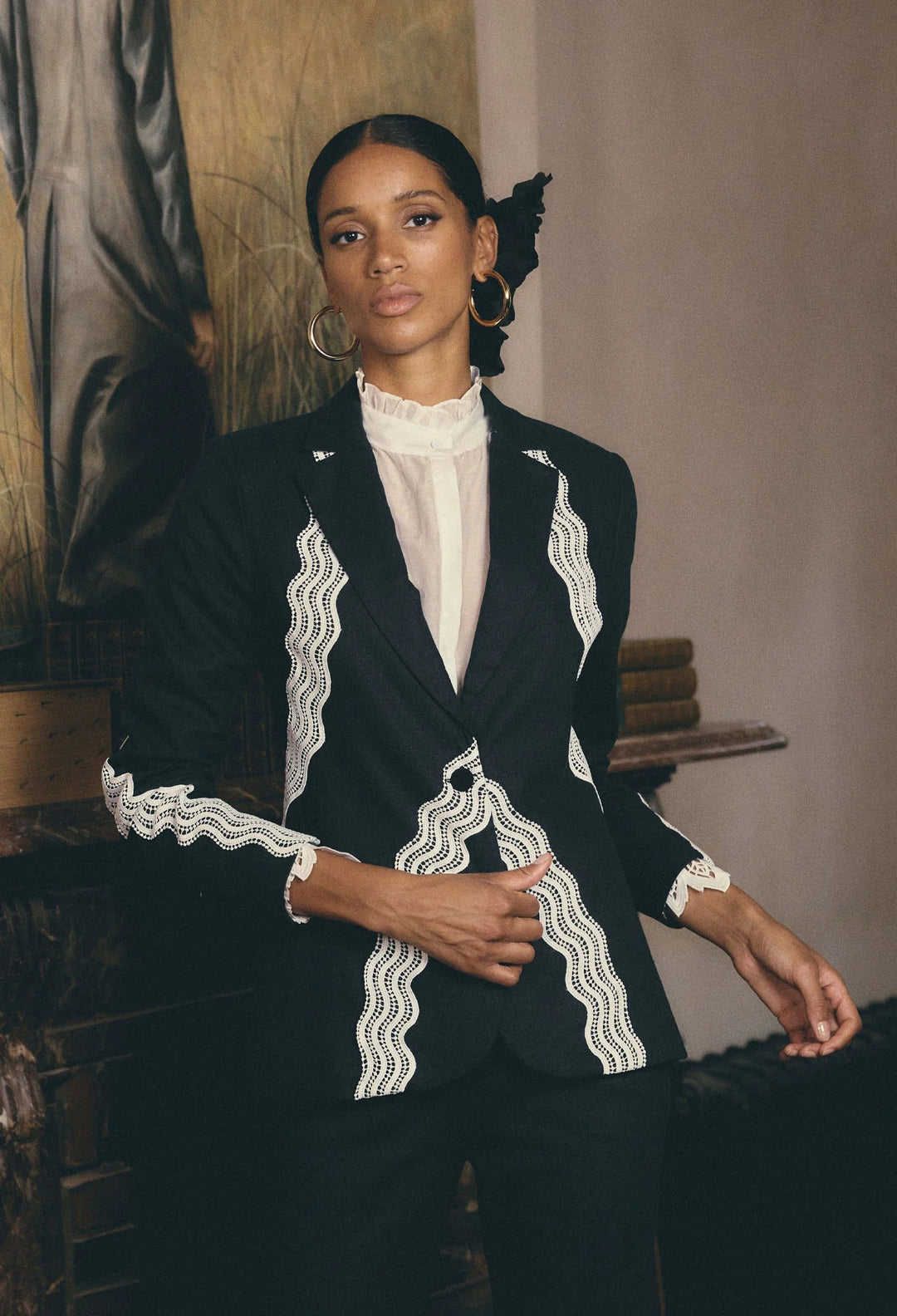 Leandro Contrast Lace Trim Lines Stretch Blazer - Night sky Coats & Jackets Once Was