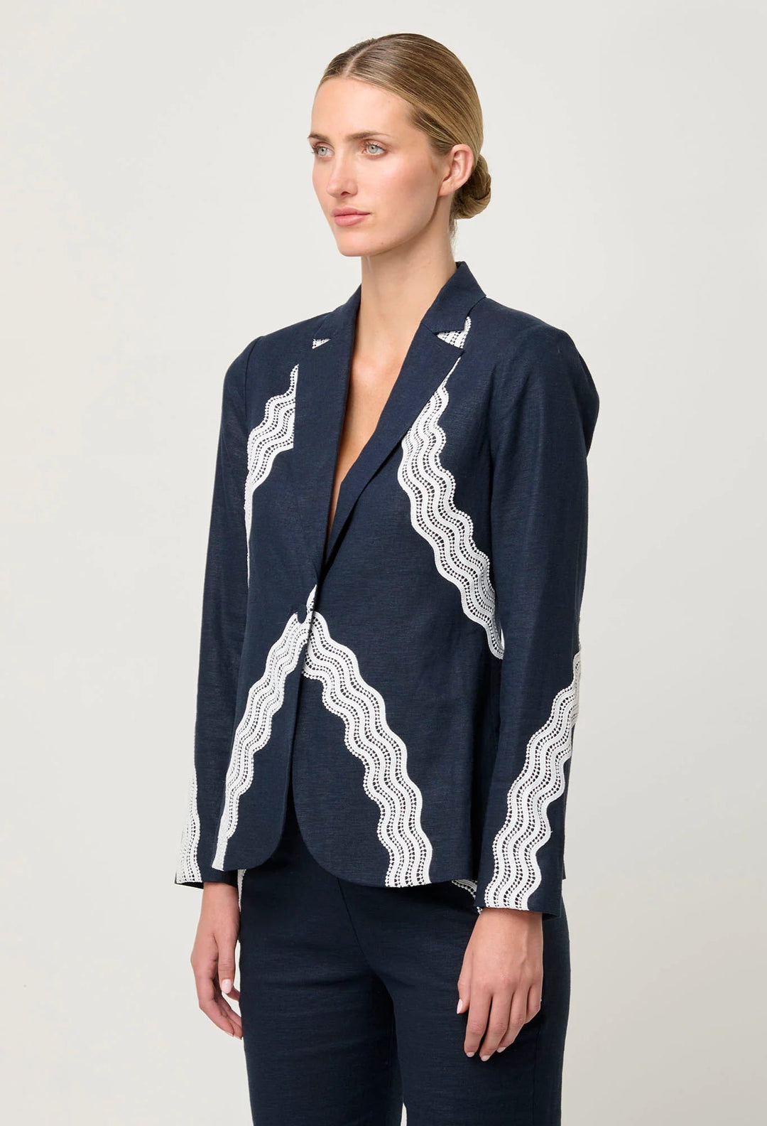 Leandro Contrast Lace Trim Lines Stretch Blazer - Night sky Coats & Jackets Once Was