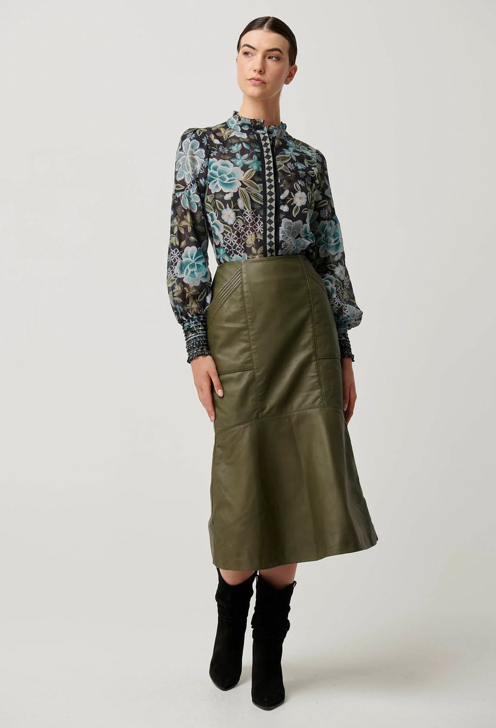Mabel Leather Curved Tier Skirt - Moss skirt Once Was