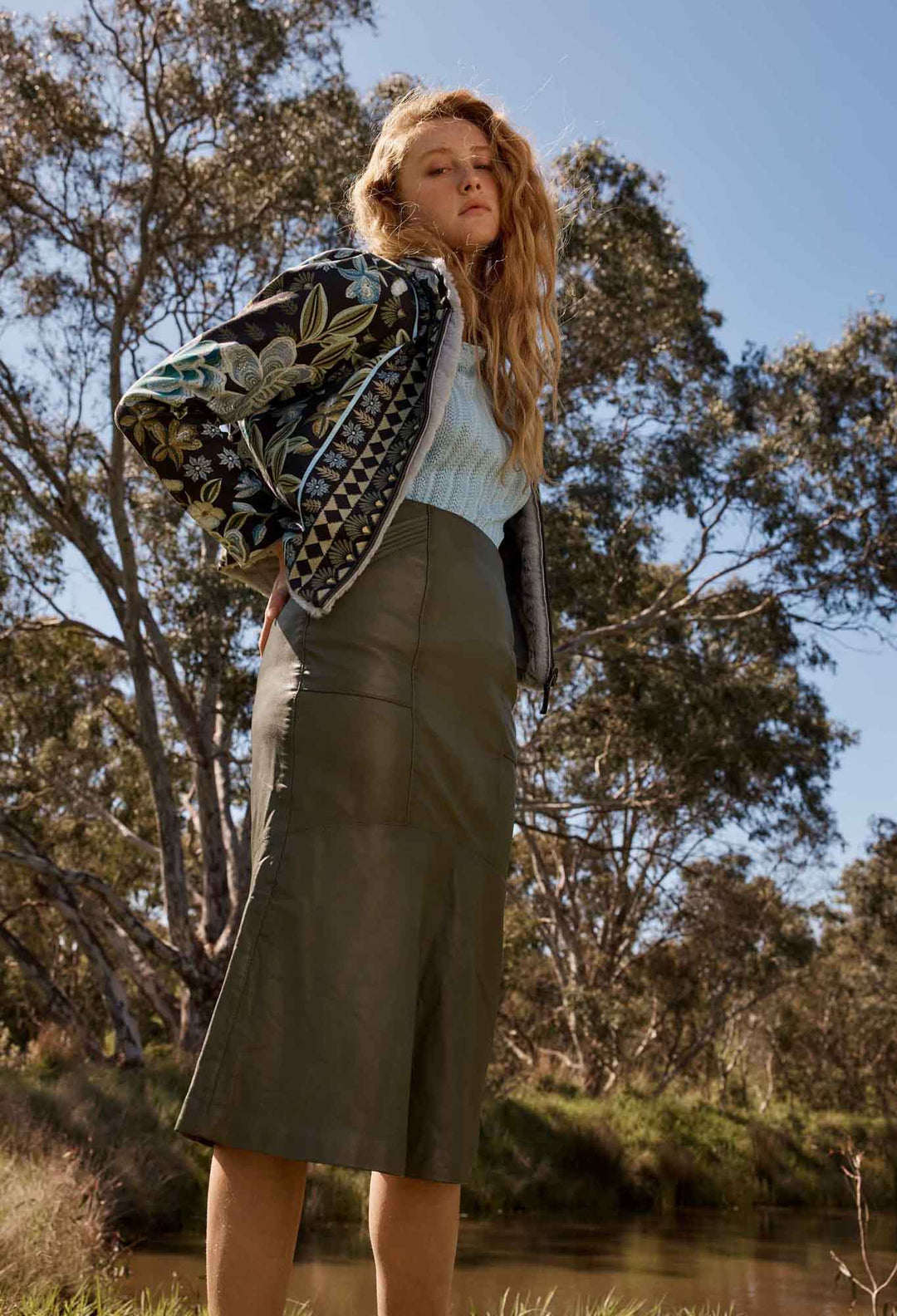ONCE WAS MAbel Leather Curved Tier Skirt - Moss skirt Once Was