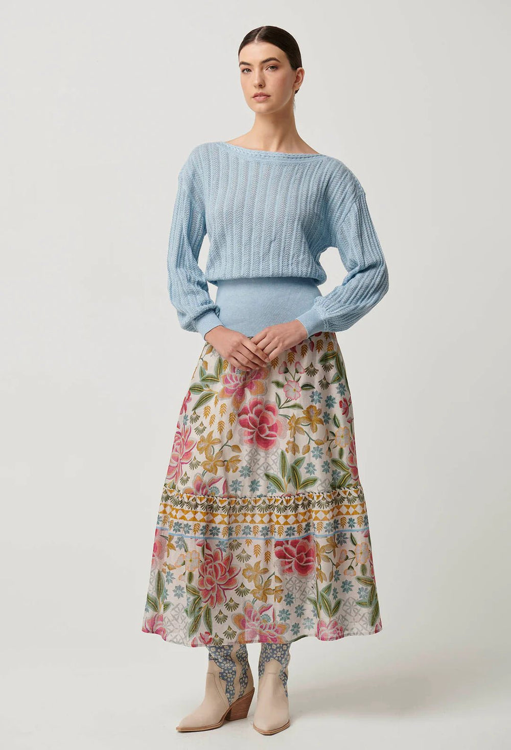 ONCE WAS Marley Super Fine Merino Supima Cotton Braided Pointelle Knit Top knit Once Was