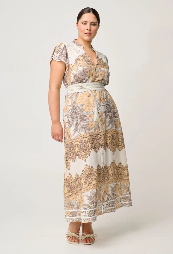 ONCE WAS Novia Embroidered Linen Viscose Dress in Golden Mallow Dress Once Was