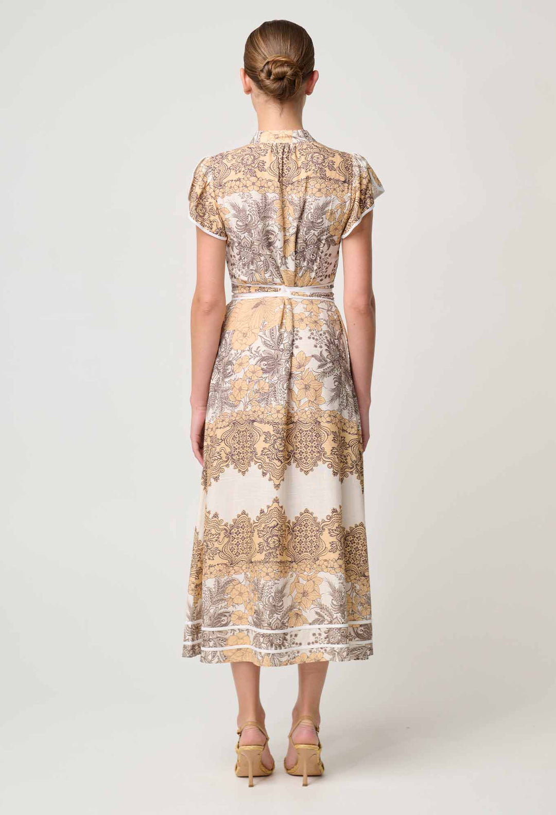 ONCE WAS Novia Embroidered Linen Viscose Dress in Golden Mallow Dress Once Was