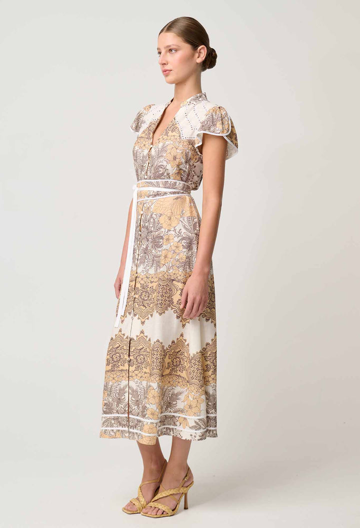 ONCE WAS Novia Embroidered Linen Viscose Dress in Golden Mallow Dress Once Was