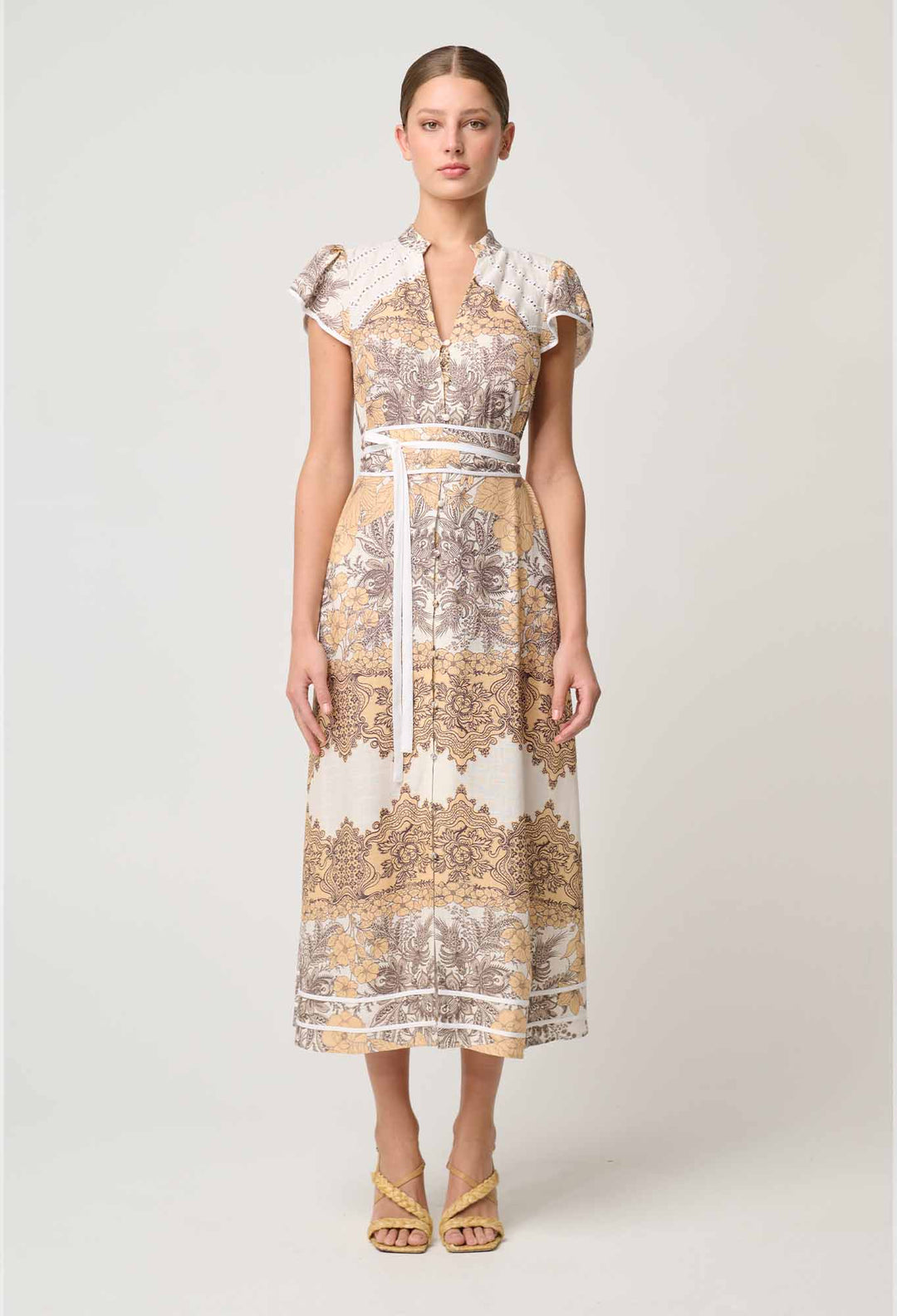 ONCE WAS Novia Embroidered Linen Viscose Dress in Golden Mallow Dress Once Was