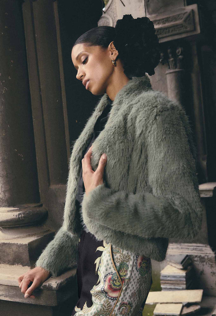 ONCE WAS Reina Faux Fur Jacket in Jade Mist Coats & Jackets Once Was