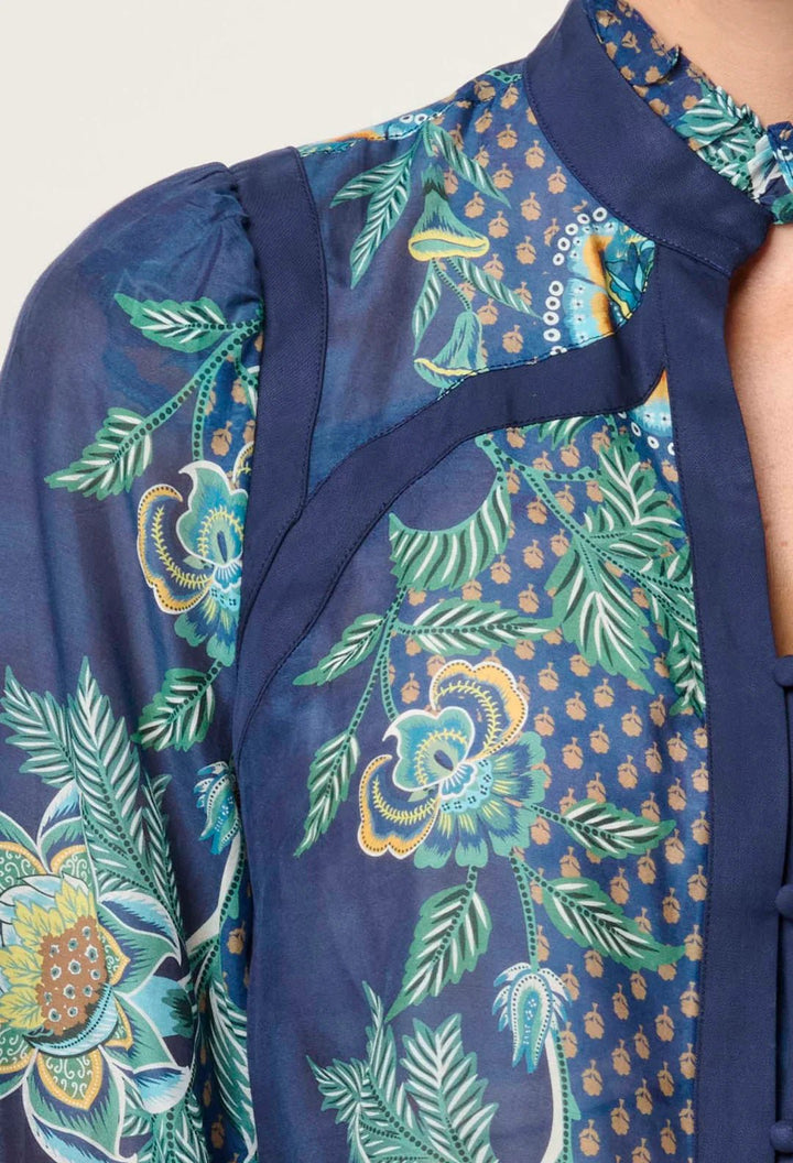 Once Was Renata Placement Print Contrast trim Silk Blouse - Maripos Zafiro Blouse Once Was