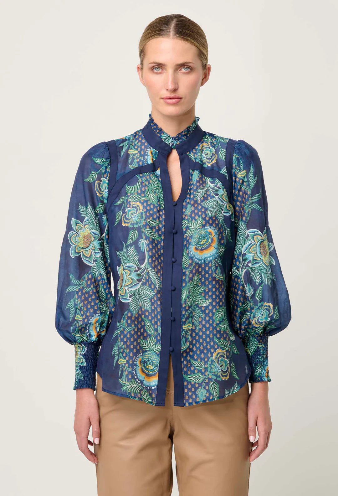Once Was Renata Placement Print Contrast trim Silk Blouse - Maripos Zafiro Blouse Once Was