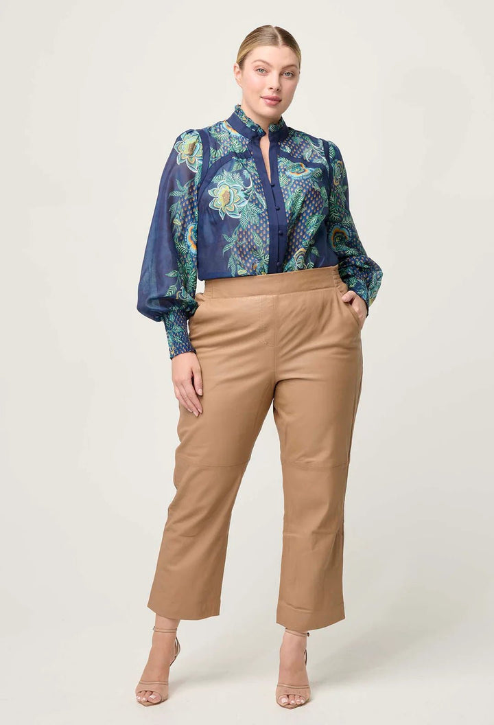 Once Was Renata Placement Print Contrast trim Silk Blouse - Maripos Zafiro Blouse Once Was