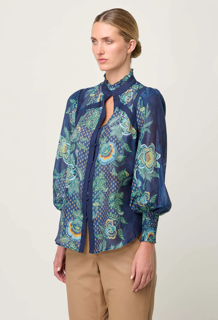 Once Was Renata Placement Print Contrast trim Silk Blouse - Maripos Zafiro Blouse Once Was