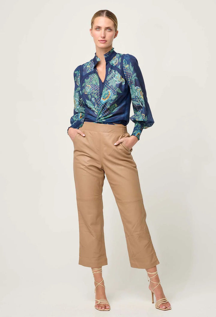 Once Was Renata Placement Print Contrast trim Silk Blouse - Maripos Zafiro Blouse Once Was