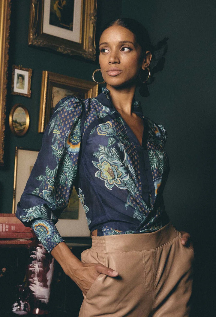 Once Was Renata Placement Print Contrast trim Silk Blouse - Maripos Zafiro Blouse Once Was