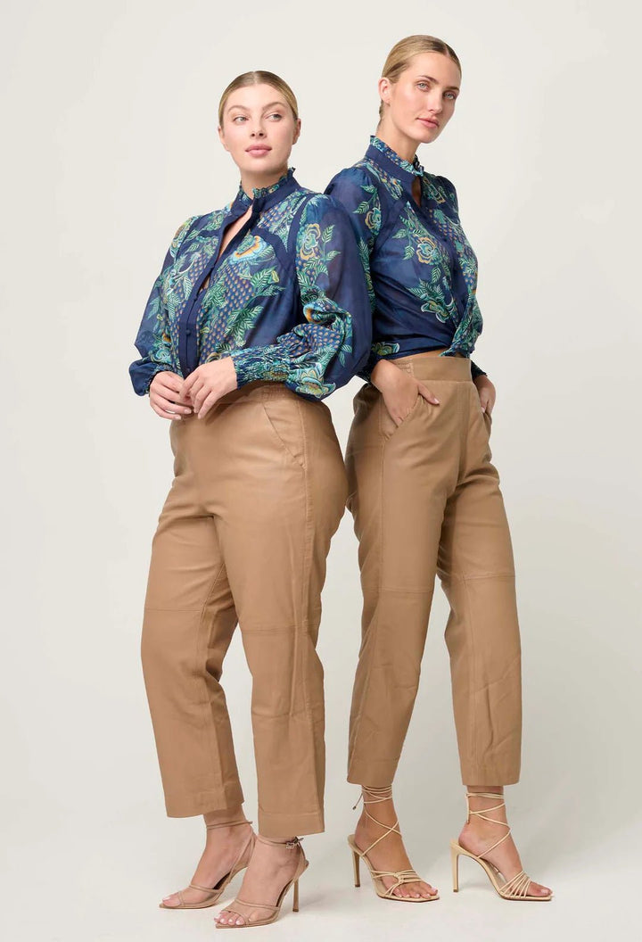 Once Was Renata Placement Print Contrast trim Silk Blouse - Maripos Zafiro Blouse Once Was