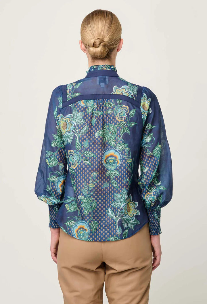 Once Was Renata Placement Print Contrast trim Silk Blouse - Maripos Zafiro Blouse Once Was