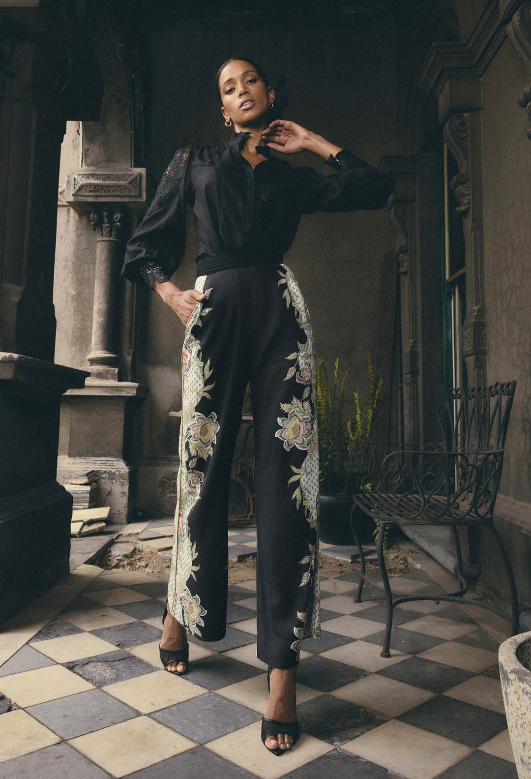 ONCE WAS Sylvan Merida Linen Viscose Pant in Mariposa Nero Pant Once Was