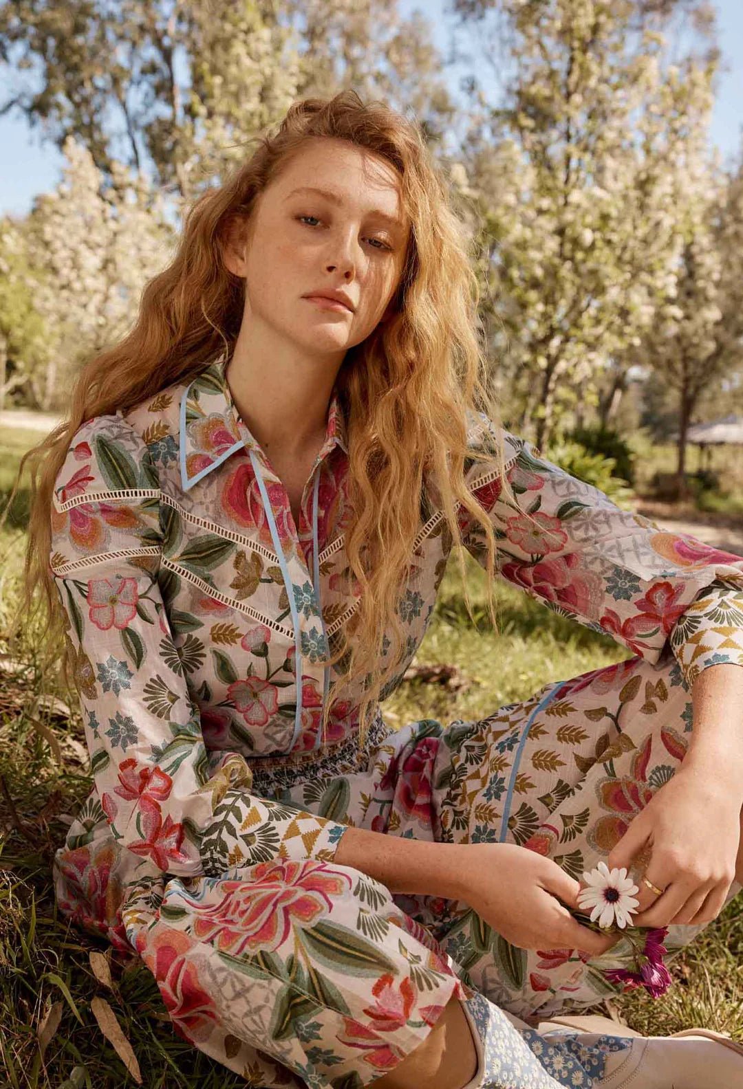 ONCE WAS Wren Lace Trim Spliced Cotton Slub Shirt Blouse Once Was