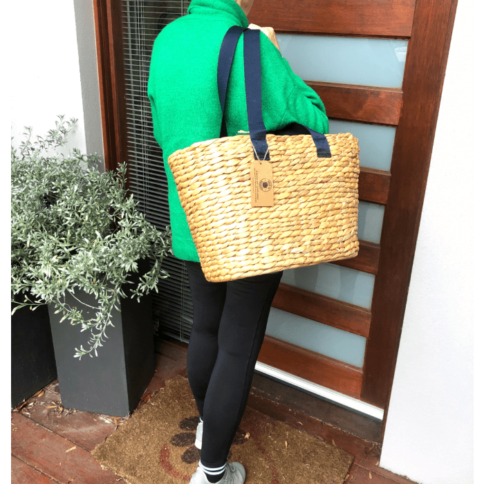 Oval Water Hyacinth Basket - Navy Canvas Handles basket Back to Baskets