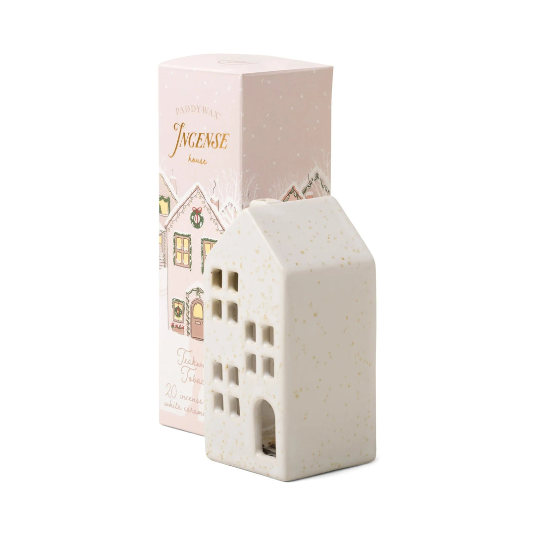 Paddywax -Incense Cone Holiday White Ceramic House w/ 20 Incense Cones - Teakwood Tobacco candle Paddywax