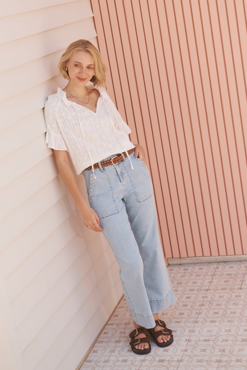 Patricia Shirt - White with White Flowers - Stanleyandstone
