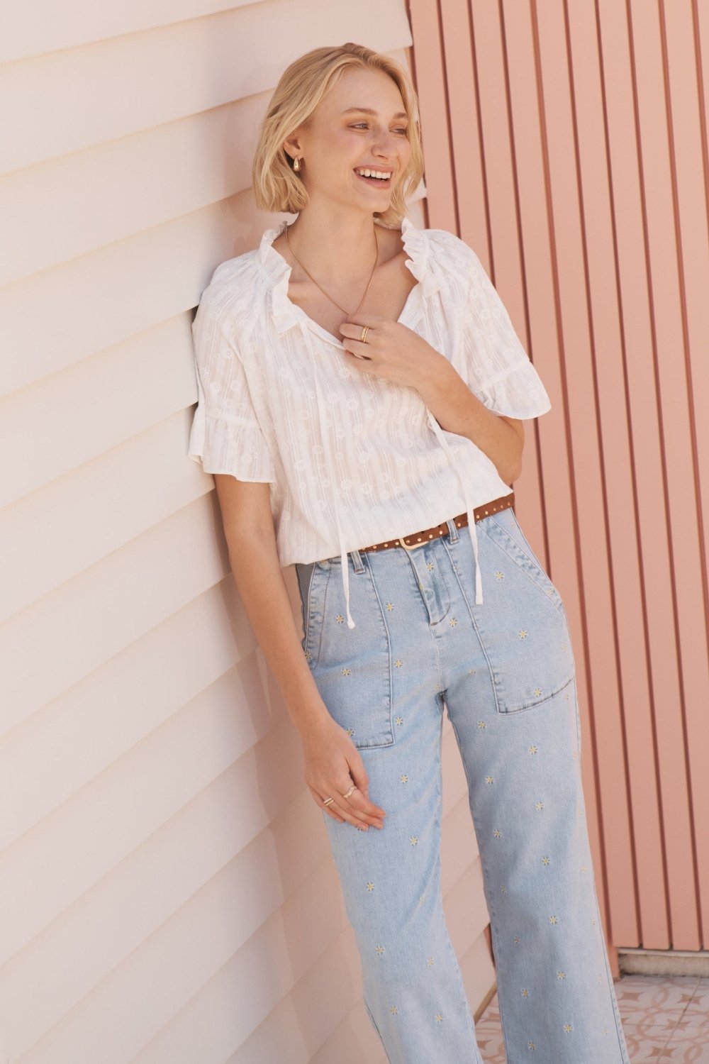 Patricia Shirt - White with White Flowers - Stanleyandstone