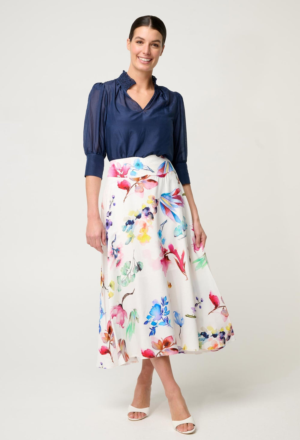 Penelope Cotton Silk Shirred Collar Blouse in Midnight Blue - Stanleyandstone