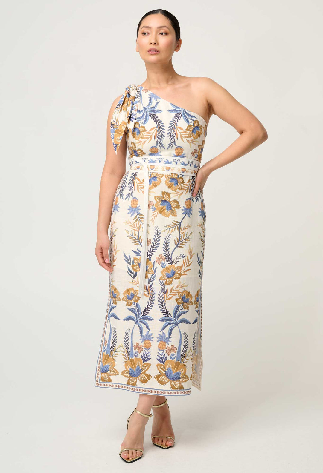 PETITE Amira One Shoulder Tie Linen Viscose Dress in Golden Medina - Stanleyandstone